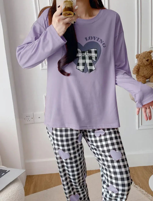 Lilac Charm Check Ribbon Pajama Set – Soft Feel, Cute Vibe