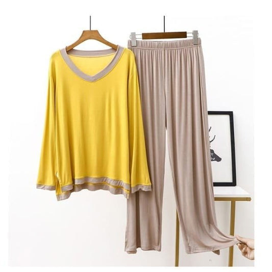 Yellow V Neck With Beige Trouser The Ultimate Dream Wear Sleep Suit