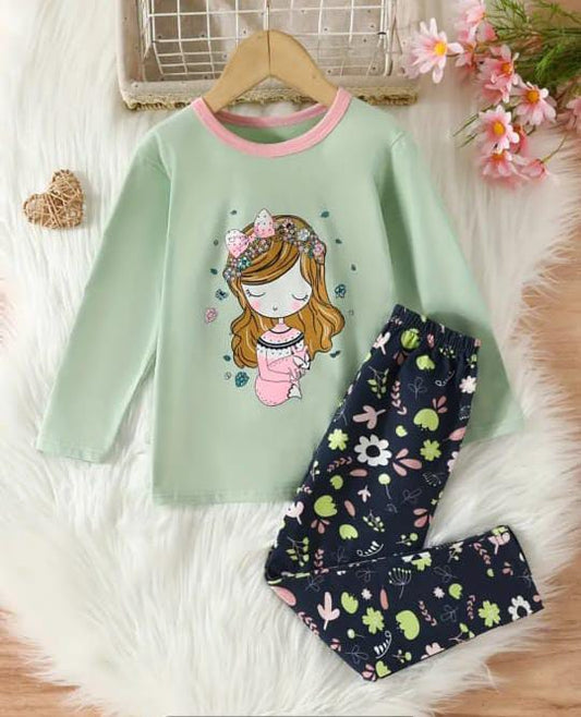 Green Sleepy Princess Printed Kids Night Suit