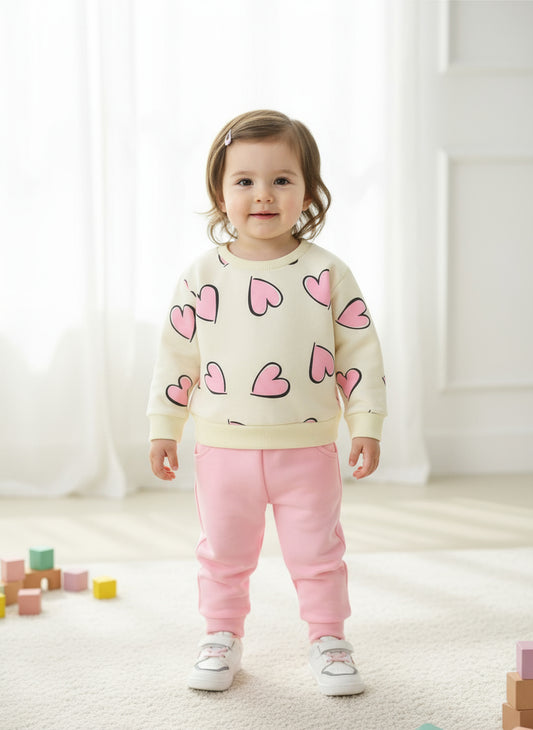 Off White With Pink Heart Cozy Tracksuit