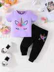 2pcs Baby Girl Simple Casual Unicorn Printed Short Sleeve T-Shirt And Long Pants Set, Spring/Summer New Arrival