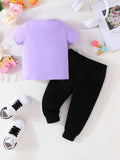 2pcs Baby Girl Simple Casual Unicorn Printed Short Sleeve T-Shirt And Long Pants Set, Spring/Summer New Arrival