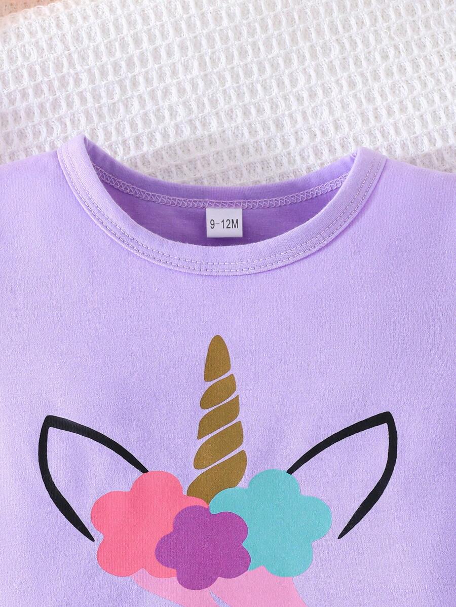 2pcs Baby Girl Simple Casual Unicorn Printed Short Sleeve T-Shirt And Long Pants Set, Spring/Summer New Arrival
