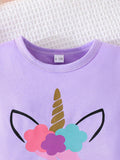 2pcs Baby Girl Simple Casual Unicorn Printed Short Sleeve T-Shirt And Long Pants Set, Spring/Summer New Arrival
