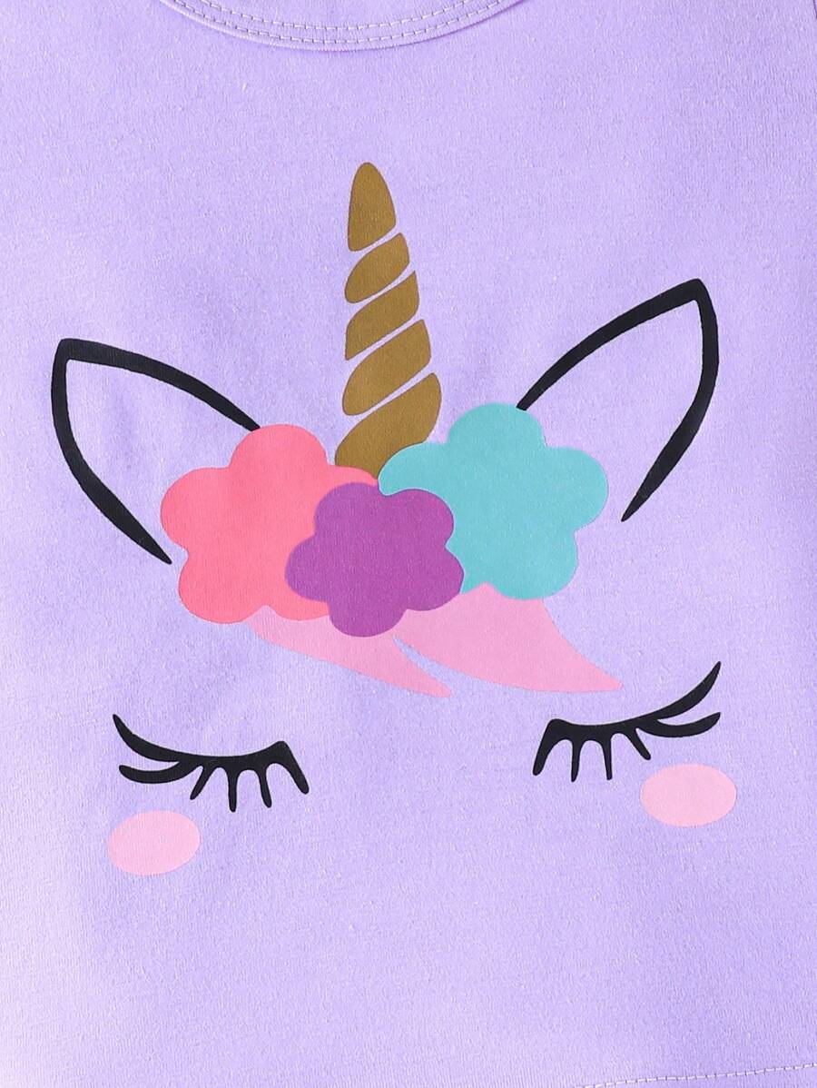 2pcs Baby Girl Simple Casual Unicorn Printed Short Sleeve T-Shirt And Long Pants Set, Spring/Summer New Arrival