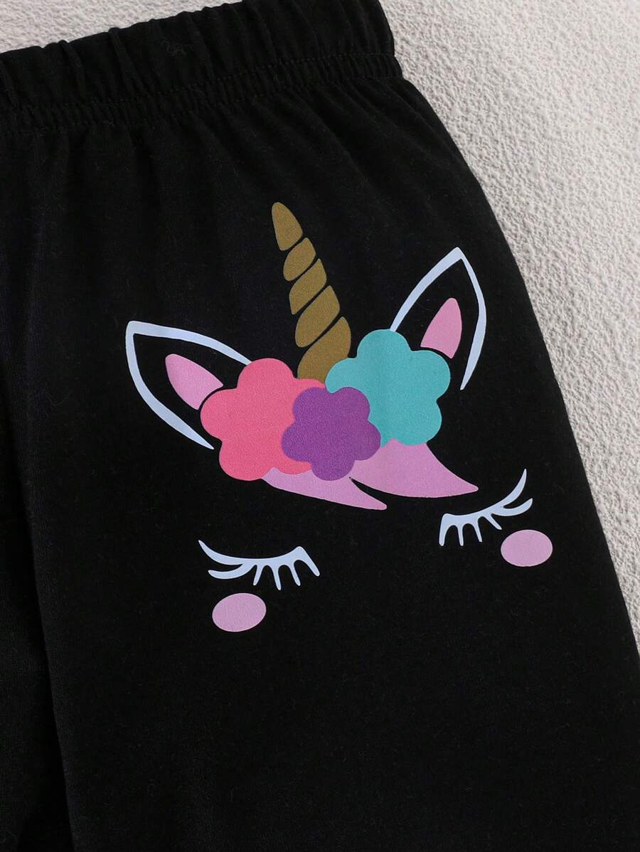 2pcs Baby Girl Simple Casual Unicorn Printed Short Sleeve T-Shirt And Long Pants Set, Spring/Summer New Arrival