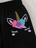 2pcs Baby Girl Simple Casual Unicorn Printed Short Sleeve T-Shirt And Long Pants Set, Spring/Summer New Arrival