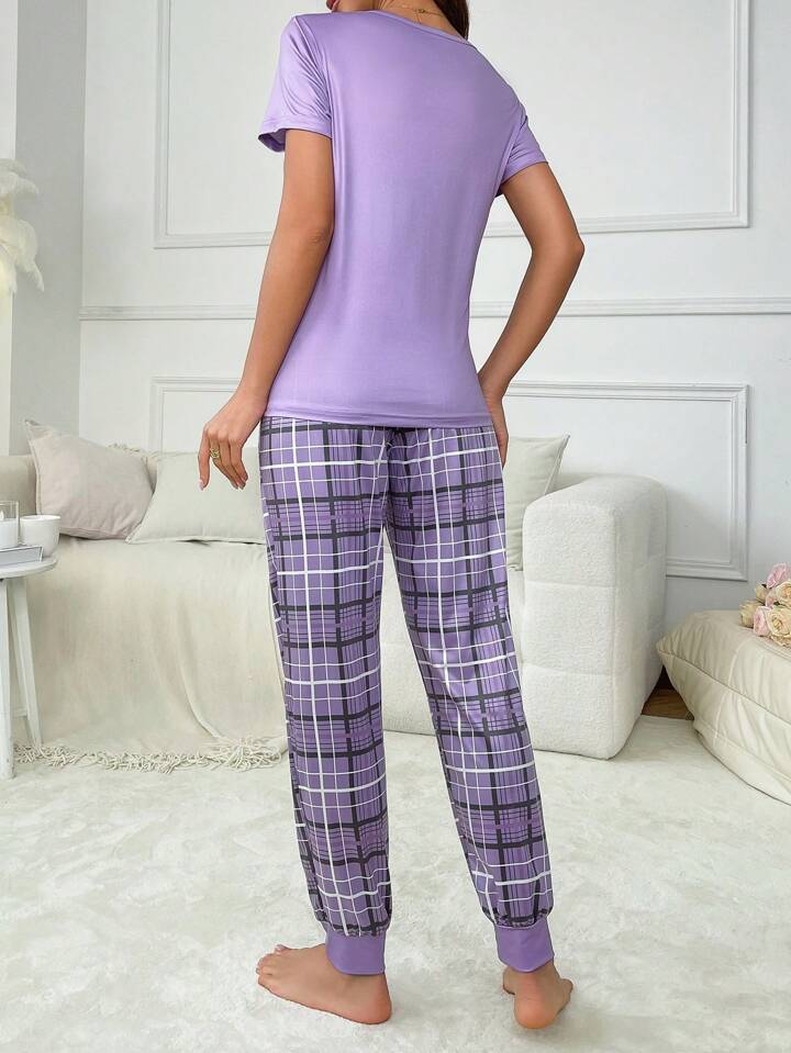 Smiley Comfort – Purple Print & Check Pajama Set