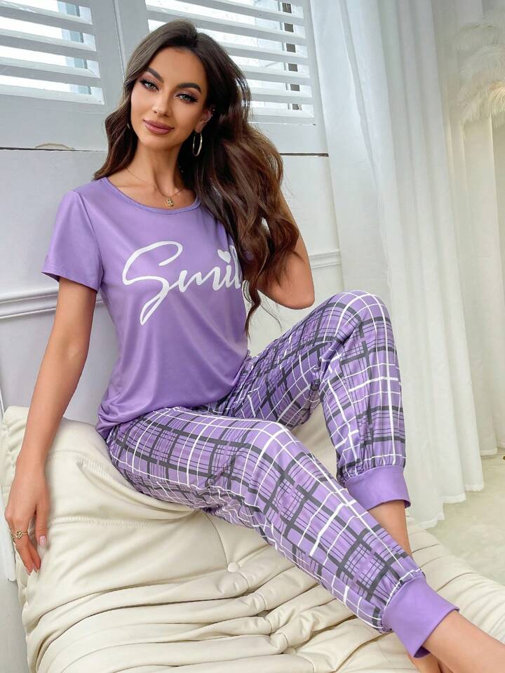 Smiley Comfort – Purple Print & Check Pajama Set
