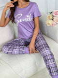 Smiley Comfort – Purple Print & Check Pajama Set