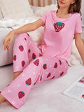 Strawberry Print Pink Pajama Set for Girls – Soft & Comfy Nightwear