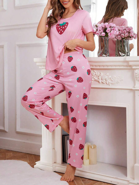 Strawberry Print Pink Pajama Set for Girls – Soft & Comfy Nightwear