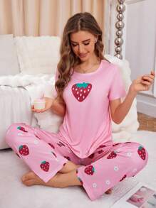 Strawberry Print Pink Pajama Set for Girls – Soft & Comfy Nightwear