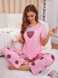 Strawberry Print Pink Pajama Set for Girls – Soft & Comfy Nightwear