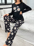Black Daisy & Butterfly Print Long Sleeve & Pants Casual Pajama Set For Women