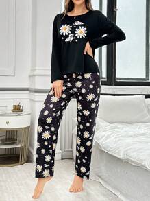 Black Daisy & Butterfly Print Long Sleeve & Pants Casual Pajama Set For Women