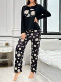 Black Daisy & Butterfly Print Long Sleeve & Pants Casual Pajama Set For Women