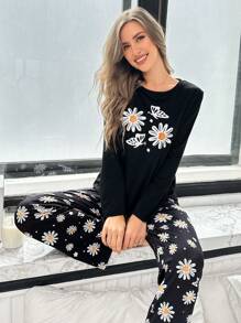 Black Daisy & Butterfly Print Long Sleeve & Pants Casual Pajama Set For Women