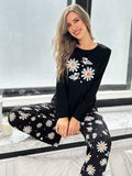 Black Daisy & Butterfly Print Long Sleeve & Pants Casual Pajama Set For Women