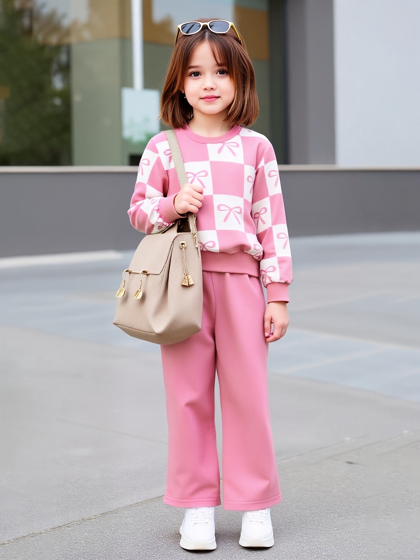 Pink Checkered Bow with Pink Pajama Kids Track suit