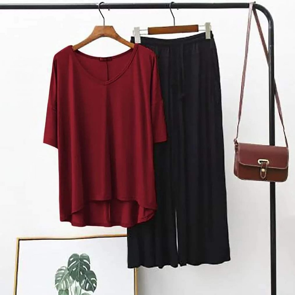 Maroon Plain Round Neck T-Shirt With Black Plazzo Pajama Suits
