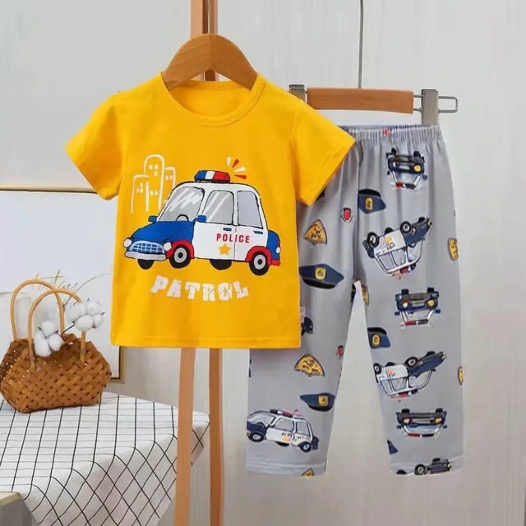 Baby or Baba Yellow Car Print Half Sleeves T-shirt With Printed Pajama Night Suit for Kids (1 Suit ) (SP-108)