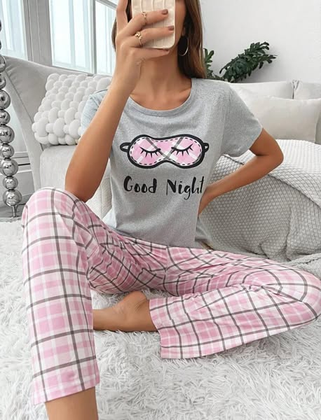 Heather Grey and Pink Plaid Pajamas Printed Night Wear
