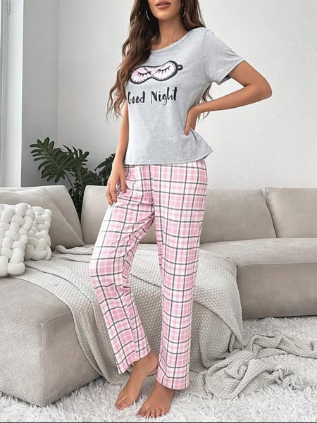 Heather Grey and Pink Plaid Pajamas Printed Night Wear
