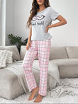 Heather Grey and Pink Plaid Pajamas Printed Night Wear