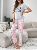 Heather Grey and Pink Plaid Pajamas Printed Night Wear