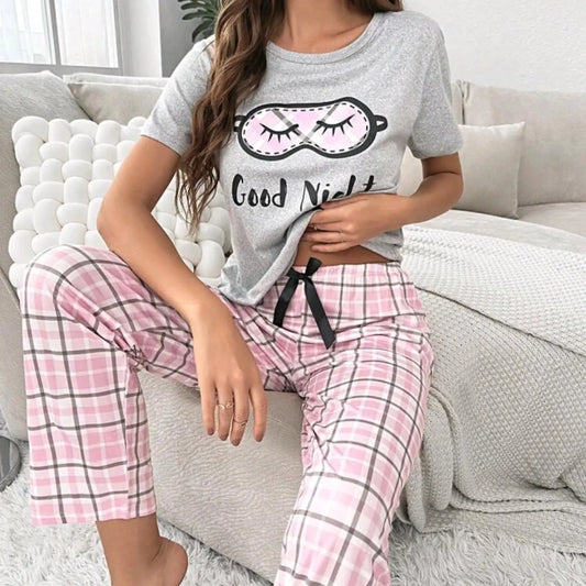 Heather Grey and Pink Plaid Pajamas Printed Night Wear