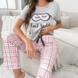 Heather Grey and Pink Plaid Pajamas Printed Night Wear