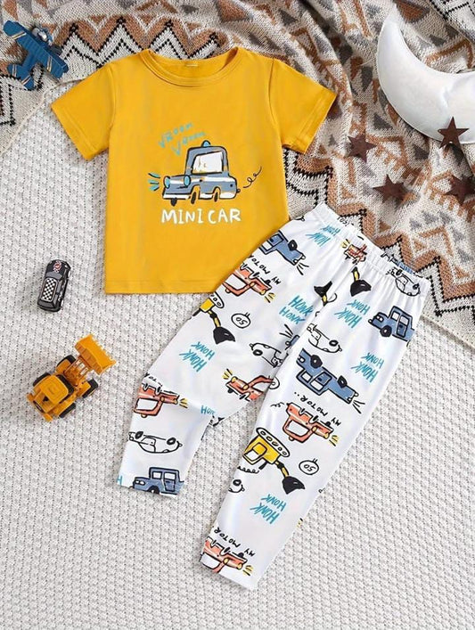 Yellow Mini Car with White Pajama Printed Kids Night Suit (RB-426)