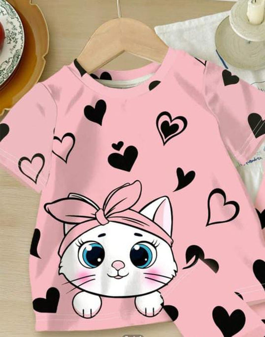 Pink Kitty with black hearts Printed Kids Night Suit (RB-419)
