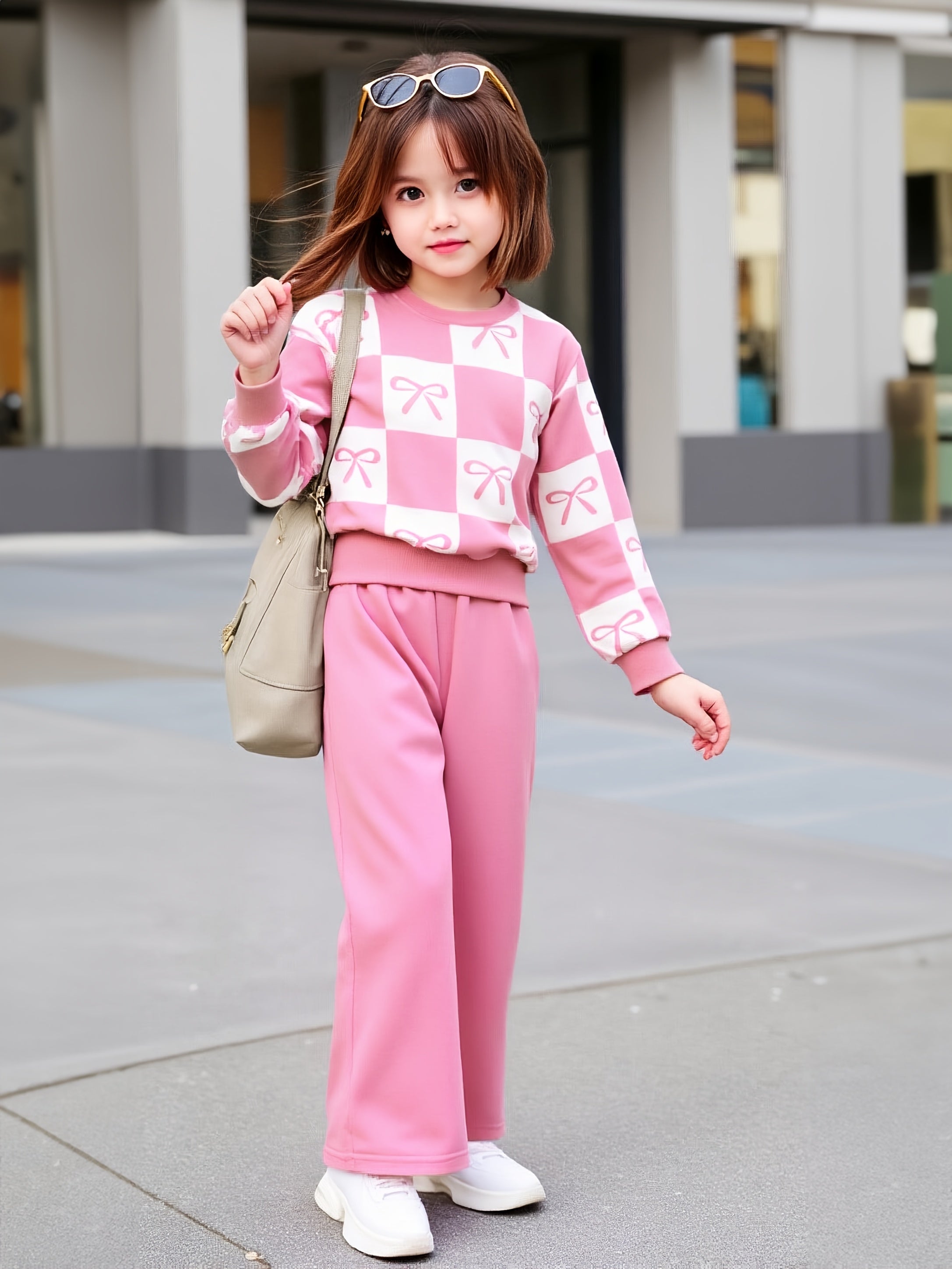 Pink Checkered Bow with Pink Pajama Kids Track suit