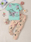 Girls' Good Night Koala Print Pajama Set – Mint Green Top & Floral Peach Pants
