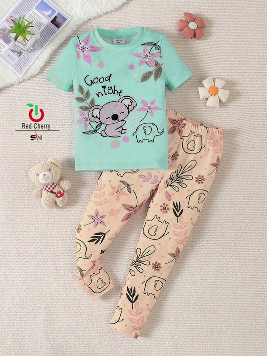 Girls' Good Night Koala Print Pajama Set – Mint Green Top & Floral Peach Pants