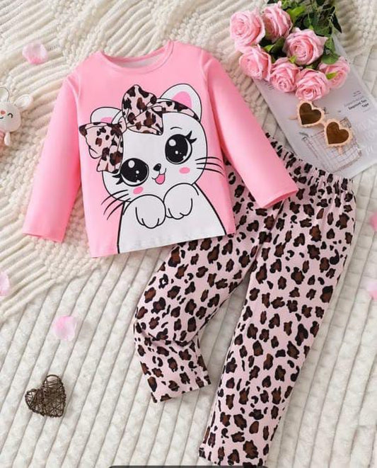 Pink Cute Kitty with cheetha pajama Printed Kids Night Suit (RB-418)