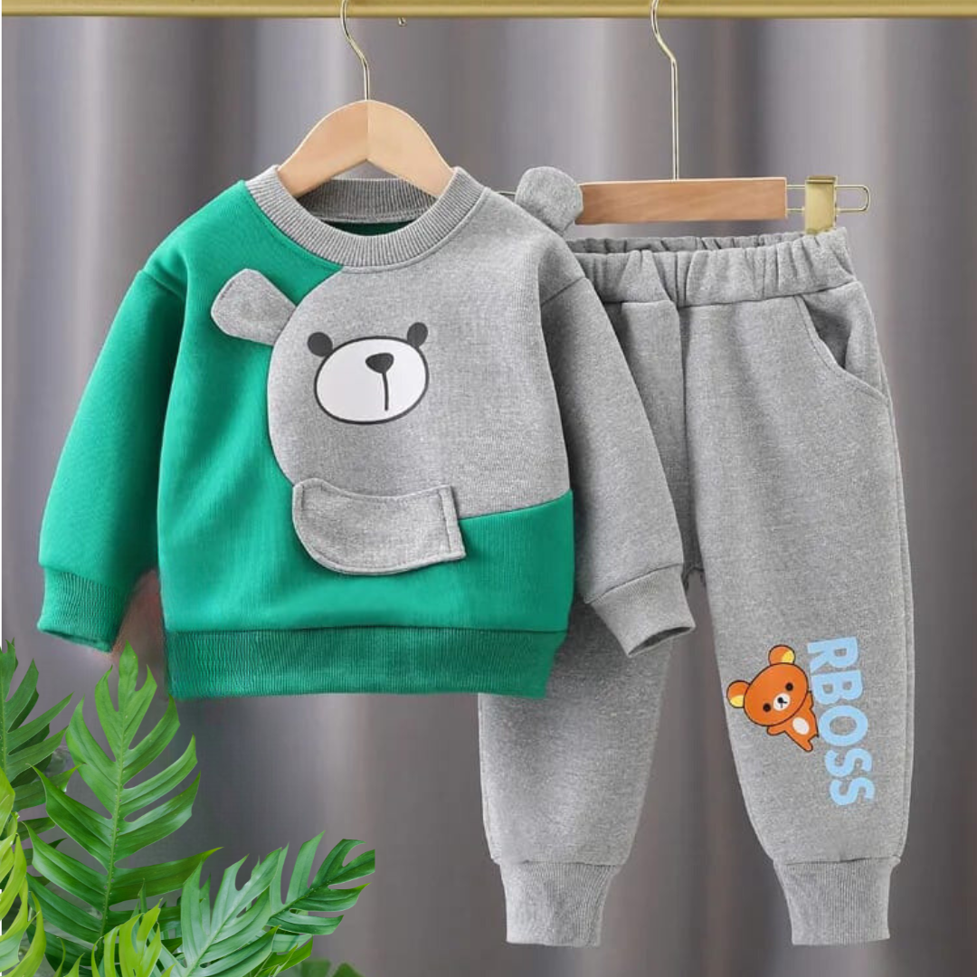 Green With Grey Bear Print Sweatshirt With Grey Trouser For Kids (SP-B6)