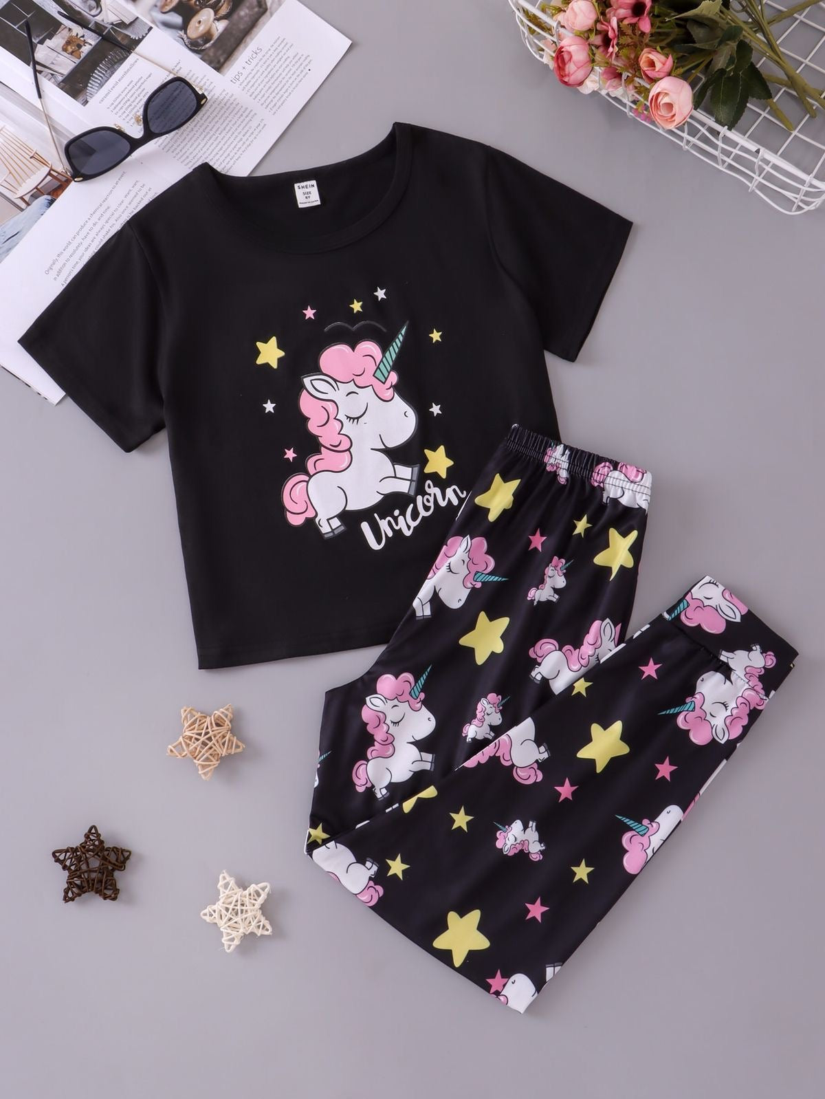 Black Unicorn Printed Half Sleeves T-shirt with unicorn Star Printed Pajama Kids Suits (RB-542)