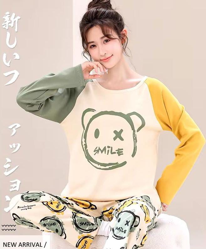 Multi Color Smile Print With Smile Multi Printed Trouser Full Sleeves Night Suit