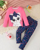 Adorable Kitty Bow Girls' Nightwear Set – Pink Top & Blue Leopard Print Pajama