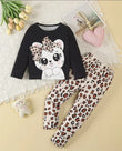 Cute Kitty Bow Printed Night Suit for Girls – Black Top & Leopard Print Pajama Set