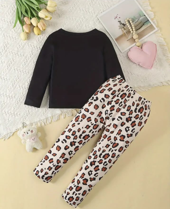 Cute Kitty Bow Printed Night Suit for Girls – Black Top & Leopard Print Pajama Set