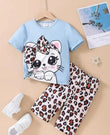 Sky Blue Cute Kitty With Cheetha Pajama Printed Kids Night Suit (RB-544)