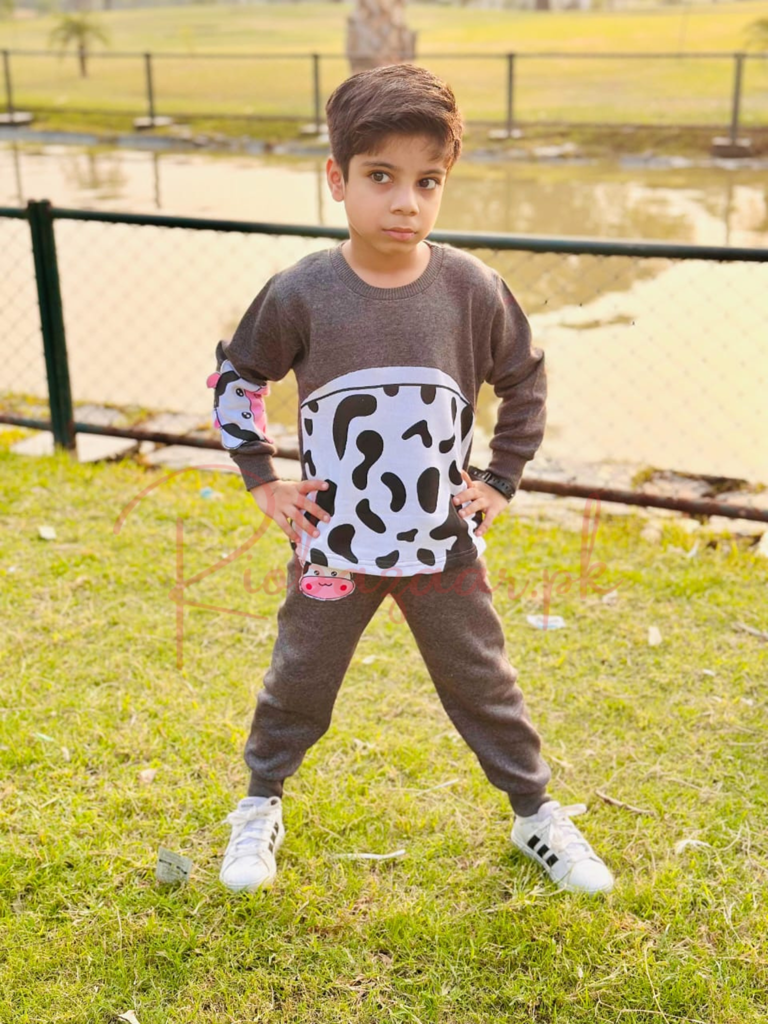 Grey And White Cow Print Sweatshirt With Trouser Tracksuit For Kids (SP-B8)