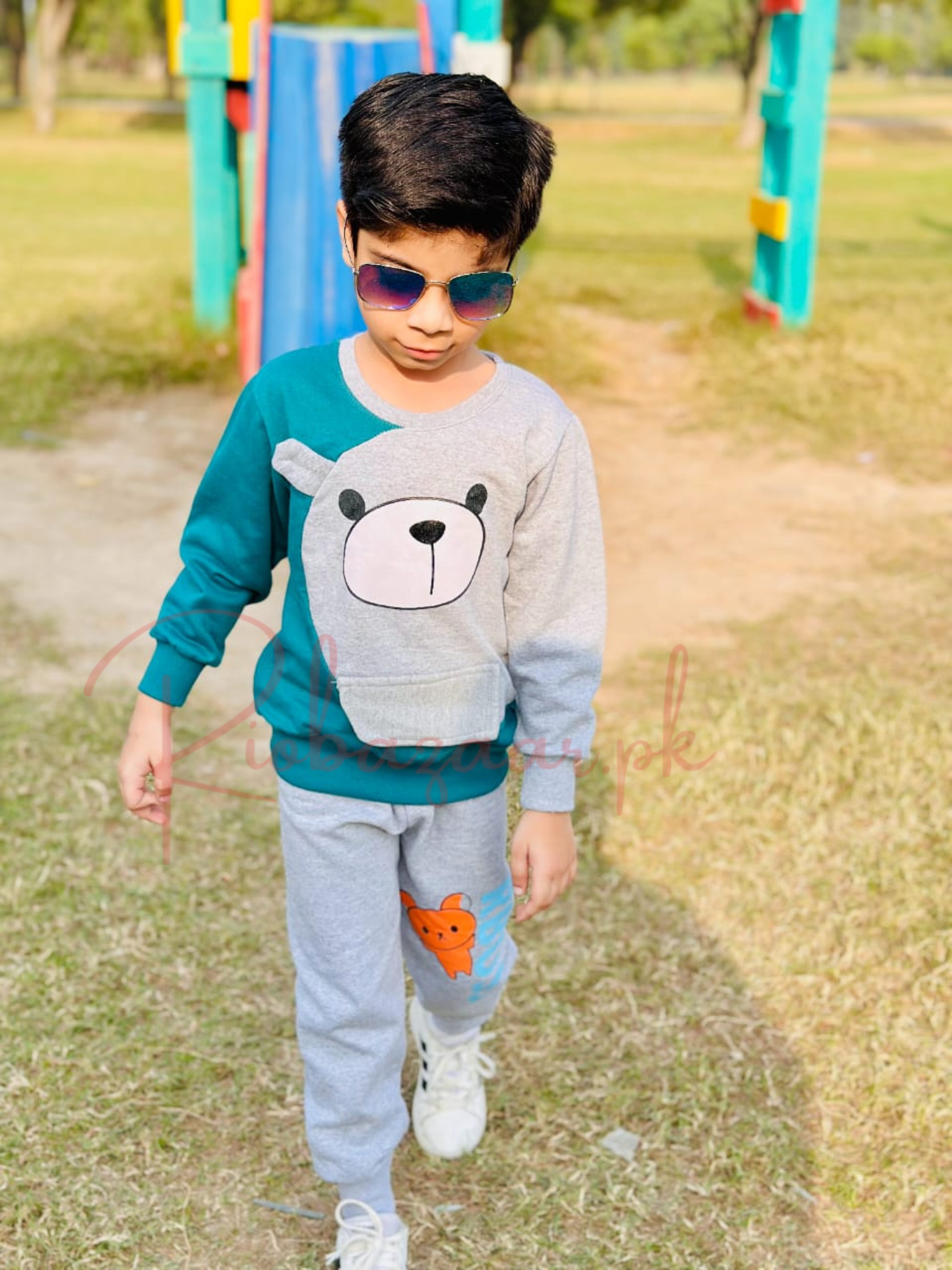 Green With Grey Bear Print Sweatshirt With Grey Trouser For Kids (SP-B6)