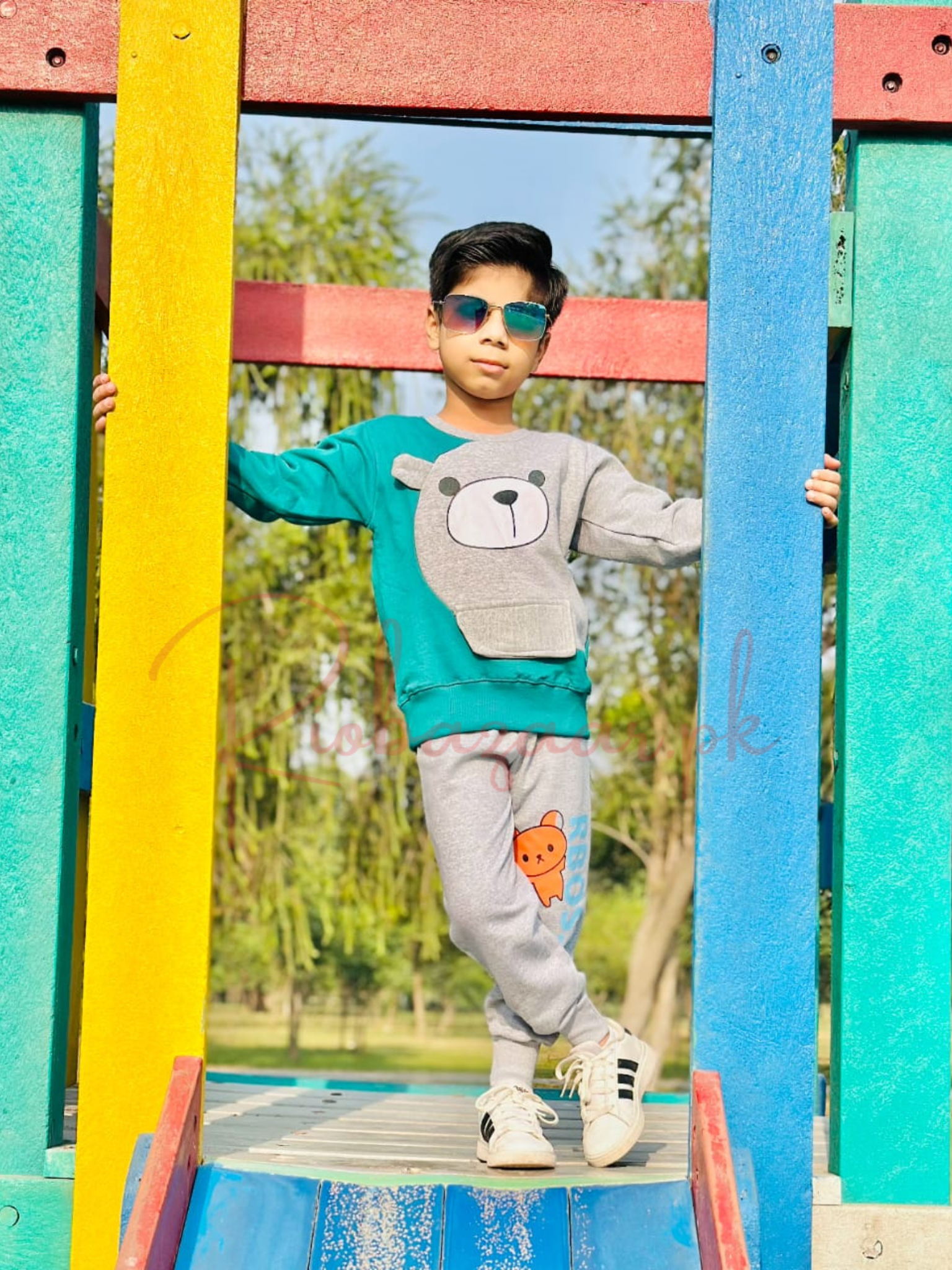 Green With Grey Bear Print Sweatshirt With Grey Trouser For Kids (SP-B6)
