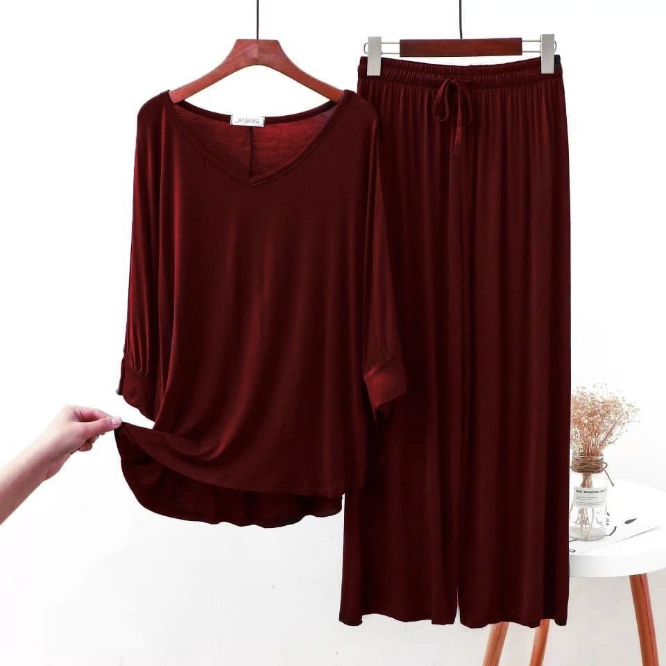 Maroon Plain V-Neck Full Sleeves The Ultimate Dream Wear Sleep Suit