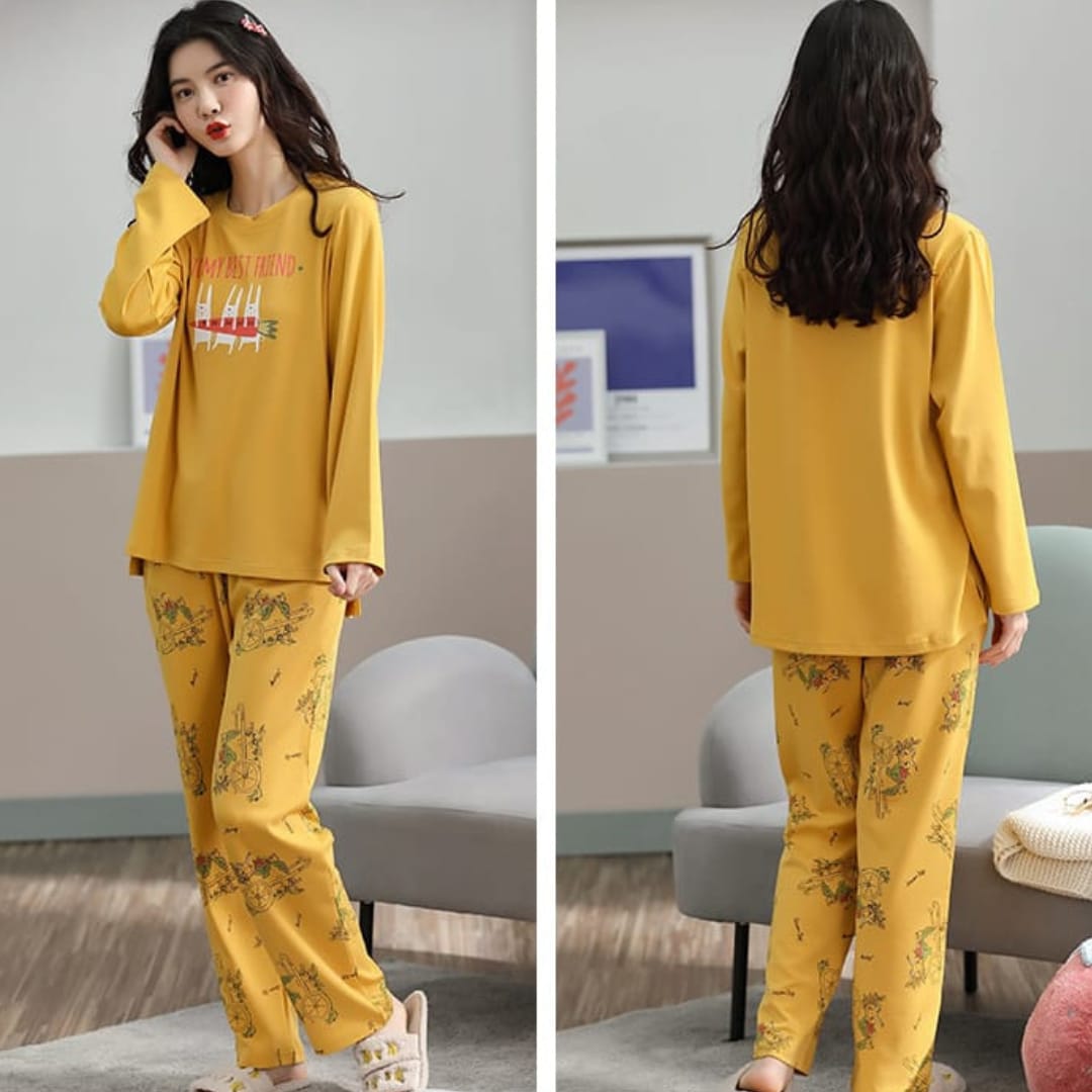 Mustard Yellow Pajama Set – Long Sleeve 'My Best Friend' Tee with Printed Bottoms